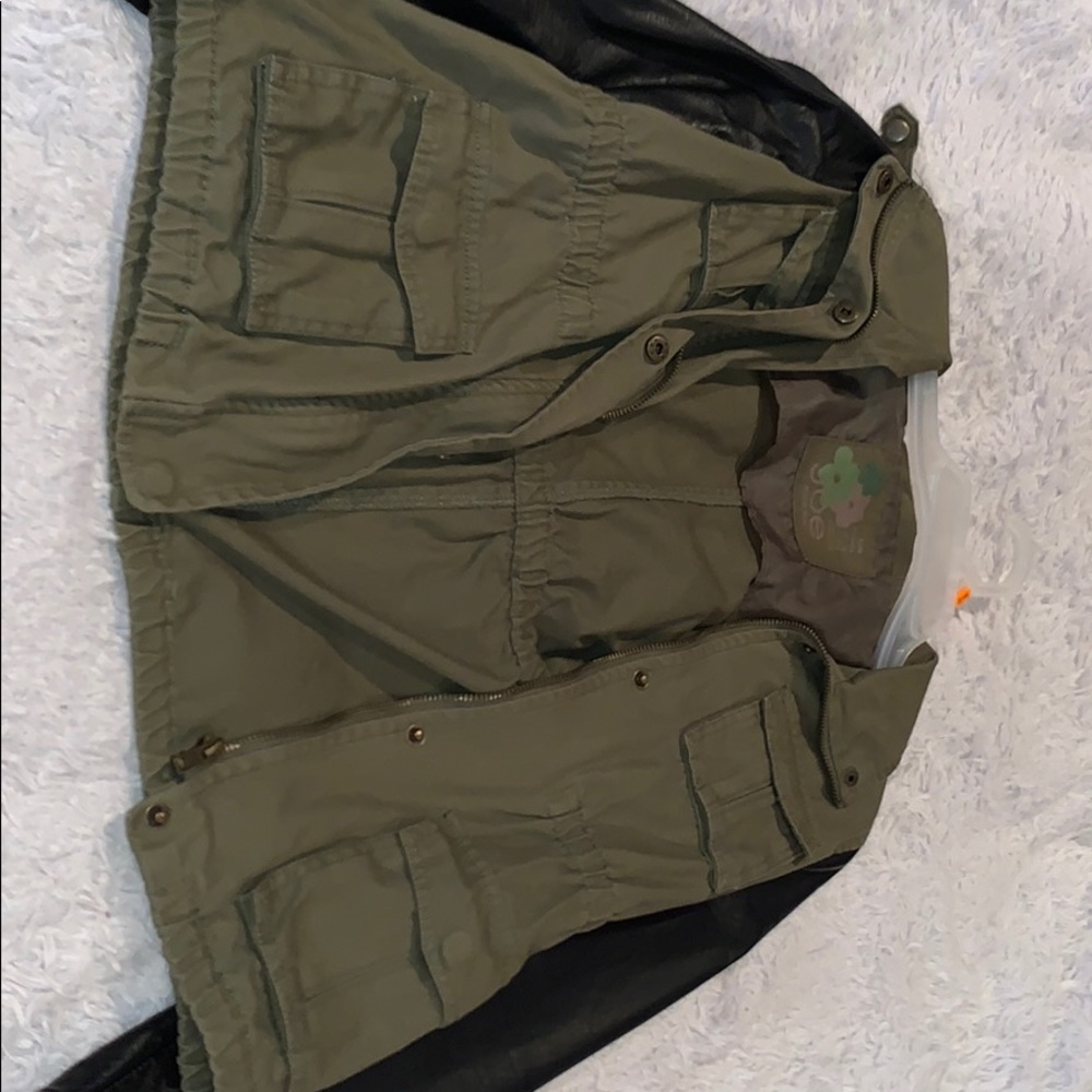 Army green jacket with leather sleeves